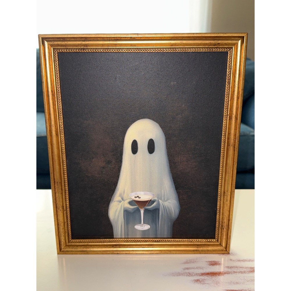 Ghost Espresso Martini Framed Canvas Wall Art Gold Frame Halloween Decor